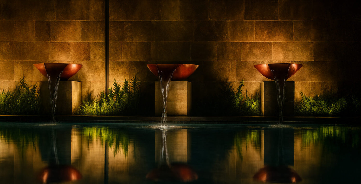 Custom Cascade bronze water bowls glowing at night as smooth waterfall streams spill into a luxury swimming pool, creating a warm, resort-style water feature.